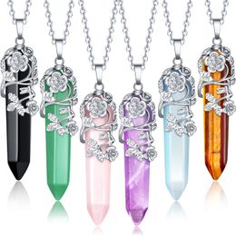 Pendants Hexagonal Healing Crystal Necklace Natural Prism Stone Pendant Flower Wrapped Pointed Quartz Yoga Energy With Chain Drop Del Am50H