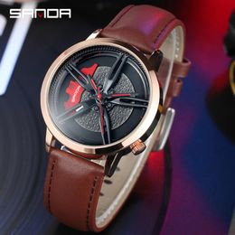 Wristwatches Sanda Watch Wheel Men's Analogue Quartz Watches Sport Racing Car Wrist Leather Strap 20mm Waterproof Men 2023 Brand