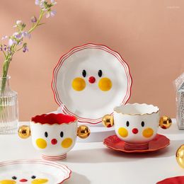 Cups Saucers Cartoon Cute Embossed Smile Ceramic Cup With Saucer Hand Painted Gold Rim Porcelain Coffee Tea Set Cake Dish Plate Tableware