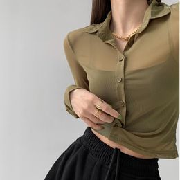 Women's Blouses TVVOVVIN Casual Long Sleeve Shirt Women Thin Sunscreen Button Mesh Polo Neck Skinny Transparent Sexy Korean Blouse H5WH