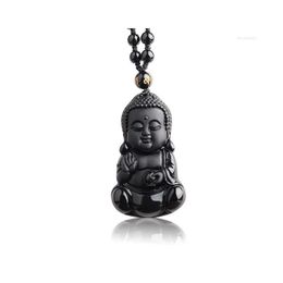 Pendant Necklaces Natural Black Obsidian Carved Baby Buddha With Amet Lucky Beads Chain Female Male Necklace Jewellery Drop Delivery Pe Dhopu