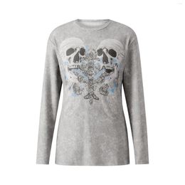 Women's Hoodies Women Trendy T-Shirt Halloween Skulls Cross Print Round Neck Long Sleeve Relax Fit Casual Tops For Females Pullover Y2K