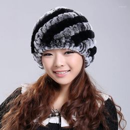 Beanies Beanie/Skull Caps 2023 Handmade Est Women's Fashion Real Knitted Rex Fur Hats Lady Winter Warm Charm Female Headgear VK03181