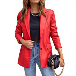 Women's Leather In Outwears Pu Coat 2023 Faux Jacket Autumn Winter Women Double Pocket Long Sleeve Turn-down Single Breasted Blazer