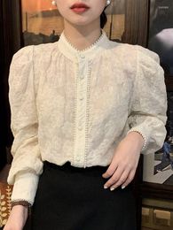 Women's Blouses HziriP Elegant Full Sleeves Shirts Women Hook Flowers Pearls 2023 Apricot OL Retro Office Lady Work Wear Lace Chic