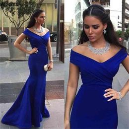 Royal Blue Mermaid Evening Prom Dresses Elegant Satin Off Shoulder Plus Size Bridesmaid Gowns Sweep Train Simple Wedding Guest Party Dress Evening Prom Gowns AL9020