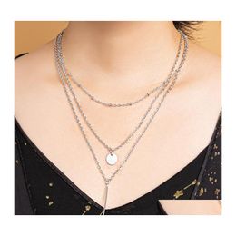 Pendant Necklaces 3 Layers Sier Coin Rectangar Bar Choker Necklace Women Clavicle Girls Chain Chocker Jewellery Gift Drop Delivery Pend Dh4Jq