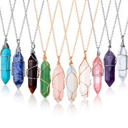 Pendants Hexagonal Crystal Pendant Necklace Natural Quartz Stone Healing Fl Wire Wrap Gemstone For Women Girls Elegant Colours Drop De Ampal