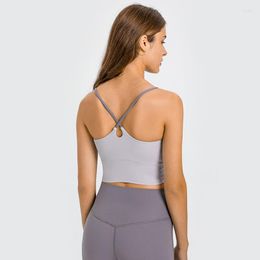 Yoga Outfit Solid Color Fitness Bra Women Gym Vest Tight Sport Tank Top Cross-shoulder Straps Gather Stitching With Removable Chest Pad