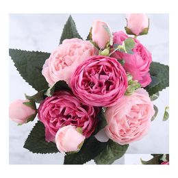 Decorative Flowers Wreaths 30Cm Rose Pink Silk Peony Artificial Bouquet 5 Big Head And 4 Bud Fake For Home Wedding Decoration Indo Dhfqd