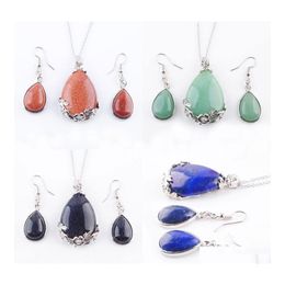 Earrings Necklace Natural Gemstone Jewellery Set For Women Pendant Teardrop Shape Stone Beads Tigers Eye Aventurine Golden Sand Chai Dhrol