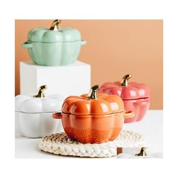 Bowls 1Pc Creative Pumpkin Shaped Baking Bowl With Lid Ceramic Household Tableware Dessert Soup Milk Kitchen Tools Drop Delivery Hom Dhnzs