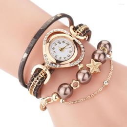 Wristwatches High Quality Women Bracelet Watches With Pearl Pendant Luxury Ladies Leather Quartz Rhinestone Clock