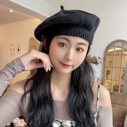 Berets 2023 Korean Version Japanese Black Knitted Wool Beret Cap Women's Autumn Winter Casual Outdoor Warm Painter Hat Boina Casquette