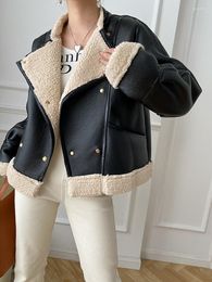 Women's Leather Winter Women Faux Lamb Fur Jacket Vintage O-neck Double Breasted Casual Lady Windproof Motorcycle