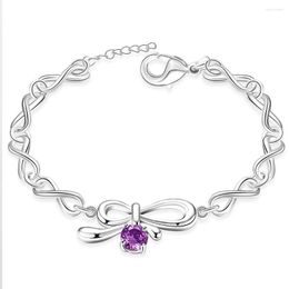 Link Bracelets 925 Silver Jewellery Japan And South Korea Personalised Bowknot Ladies Bracelet Purple Zircon Simple Fashion