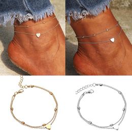 Anklets 2023 Women Simple Heart Barefoot Crochet Sandals Foot Jewellery Two Layer Summer Beach Legs Bracelet