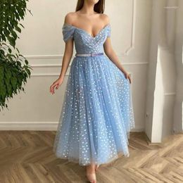 Party Dresses Elegant Sky Blue Prom Dress 2023 Charming V-Neck Off The Shoulder A Line Tulle Evening Gowns Ankle-Length Vestidos De Gala