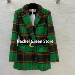 Women's Wool & Blends High End Fashion Women Winter Coat 2023 Clothes Long Sleeve Tweed Green Plaided Jacket Woman Parkas -D24