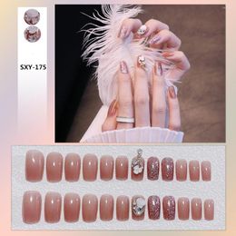 False Nails High Quality 24PCS Glitter Fake 3D Flowers Inlaid Full Cover Nail Kits For Daily Use Artificial With Jelly Gel/Glue