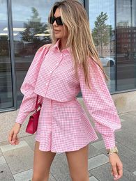 Women's Tracksuits Taruxy OL Outfits Womens Two Piece Set Plaid Long Sleeve Shirts High Wasit Wide Legs Shorts Elegant Korte Suits 2