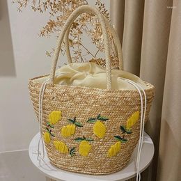 Evening Bags Casual Women Embroidered Lemon Straw Basket Paper Woven Handbags Summer Handmade Beach Shoulder Sweet Lady Small Tote