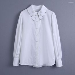 Women's Blouses Shirts For Women 2023 Fashion Clothing Faux Pearl Button Up Shirt Long Sleeve Top Bejewelled Beaded Lapel Collar White Tops