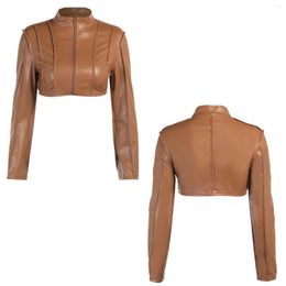 Women's Jackets Women Fashion Faux Leather Long Sleeve Zipper Front Crop Top Coat Clubwear Party Ladies Casual Stand Collar Cropped Jacket