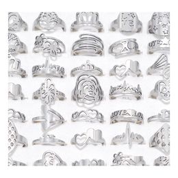 Couple Rings Bk Lots 50Pcs Style Mix Sier Plated Stainless Steel Women Men Heart Butterfly Corwn Flower Trendy Charm Wedding Party L Dhbi4