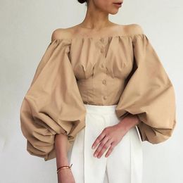 Women's Blouses Ladies Ruffles Shirt Lantern Sleeve Sexy Backless Women French Single Breasted Sark Formal Elegant Off Shoulder Tube Top