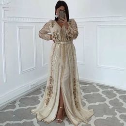 Moroccan Sleeves Elegant Kaftan Long Formal Evening Dresses With Gold Lace Flower Applique Crystal Beaded Arabic Muslim Special Ocn Dress Slit Prom Party Gown