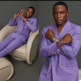 Men's Suits Casual Light Purple Double Breasted Men Costume Homme Prom Terno Masculino Groom Blazer Wedding 2 Pcs (Jacket Pants)