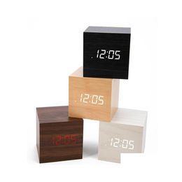 Desk Table Clocks Mini Digital Wooden Led Alarm Clock Wood Retro Glow Desktop Decor Voice Control Sn Function Calender Drop Delive Oto1Z