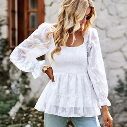 Women's Blouses Women Floral Textured Babydoll U Crewneck Tops Summer Hollow Casual