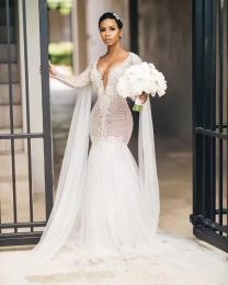 Arabic Aso Ebi Sexy Luxurious Mermaid Wedding Dresses Bridal Dress Deep V Neck Illusion Lace Beading Crystals Gowns With Cape Sweep Train Long Sleeves