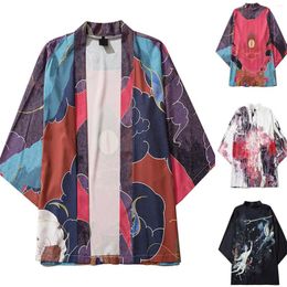 Men's Casual Shirts 2023 Men Loose Kimono Open Front 3/4 Sleeve Japanese Style Print Cover Up Cardigan Clothing Chemise