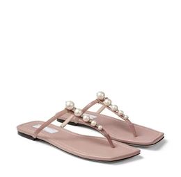 Eye-catching Summer Alaina Sandals Shoes For Women Ballet Flat Pink Black Leather Slipper & Beach Slide with Pearl Embellishment Flip Flops