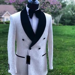 Men's Suits Arrvial Hand Made White PAISLEY With Black Satin Shawl Lapel 2 Pieces(Jacket Pants) Dinner Suit For Wedding