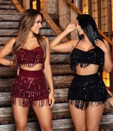 Women's Tracksuits Solid Color Women Clothing 2 Pieces Set 2023 Spring/Summer Sexy Sequin Tassel Party Outfits Nightclub Style Y2k Suit