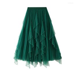 Skirts OHRYIYIE Women Long Tulle Female Irregular High Waist Midi Maxi Lady Fashion Beading Tutu Faldas Jupe