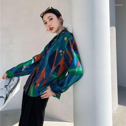 Women's Blouses Woman Temperament Sweet Ruffles Button Floral Printing Long Sleeve Ice Silk Shirt Summer Ladies Clothes Loose Chiffon Tops