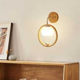 Wall Lamp Nordic Log Colour Bird Creative Bedside Warm Bedroom Background Walnut Room Lights Decor Sconce