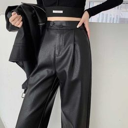 Women's Pants Chic Loose Women PU Leather Autumn Winter Fashion Ladies High Waist Straight Faux Trousers