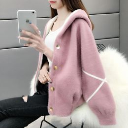 Women's Knits & Tees Women 2023 Spring Autumn Fashion Short Imitation Mink Coats Female Loose Hooded Overcoats Ladies Warm Cardigan Jackets