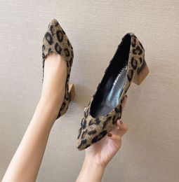 Dress Shoes Women Leopard Square Heels Pointed Toe Ladies Slip On High Heel Party Wedding Work Pumps For