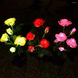 Rose Flower Lamp Realistic Looking High Brightness IP65 Waterproof 5 Heads Decorative ABS Solar-Powered Landscape For Lawn