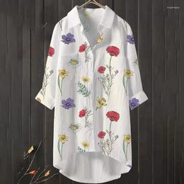 Women's Blouses White Shirt Women Casual Loose Lapel Button Up Long Shirts Vintage Office Floral Print Blusas Femininas Elegantes