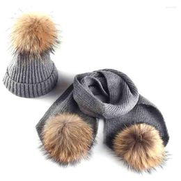 Berets Children Knitted Scarf And Hat Set Luxury Winter Warm Crochet Hats Scarves With Real Fur Pom Beanie For Boys Girls