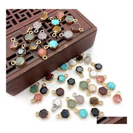 Charms 8X12Mm Gold Edge Natural Crystal Hexagon Stone Rose Quartz Turquoise Pendants Trendy For Jewellery Making Wholesale Drop Delive Dhizv