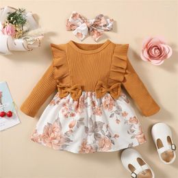 Girl Dresses Preschool Children'S Long Sleeve One-Piece Dress Sweet Little Flower Print Skirt Two Piece Scarf